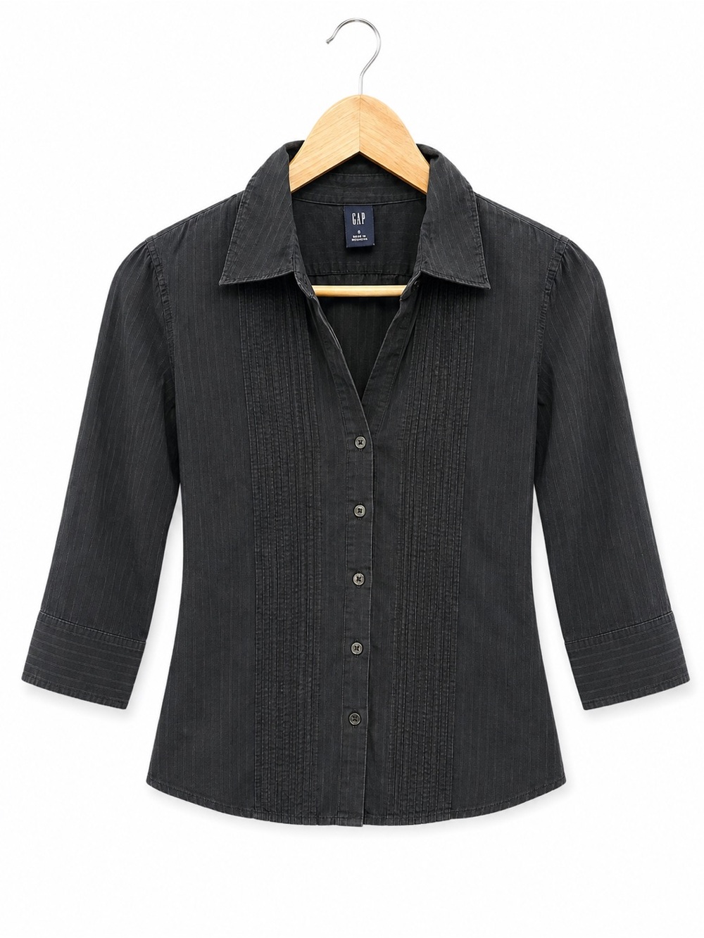 Vintage GAP 2004 Black Pintuck Pinstripe Button Front Shirt 3/4 Sleeve S Y2K